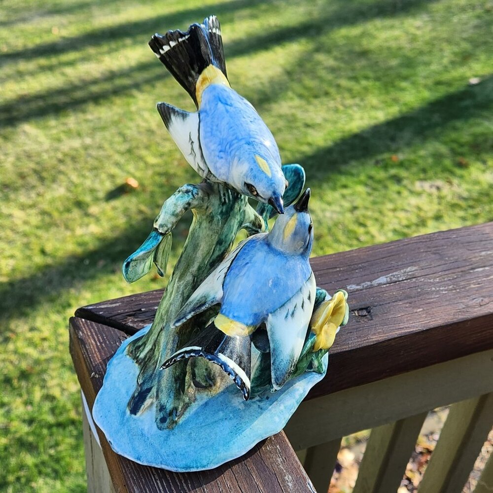 Stangl Pottery Bird 3756 Double Audubon Warblers on w Branch Yellow Flower Large - Picture 8 of 11